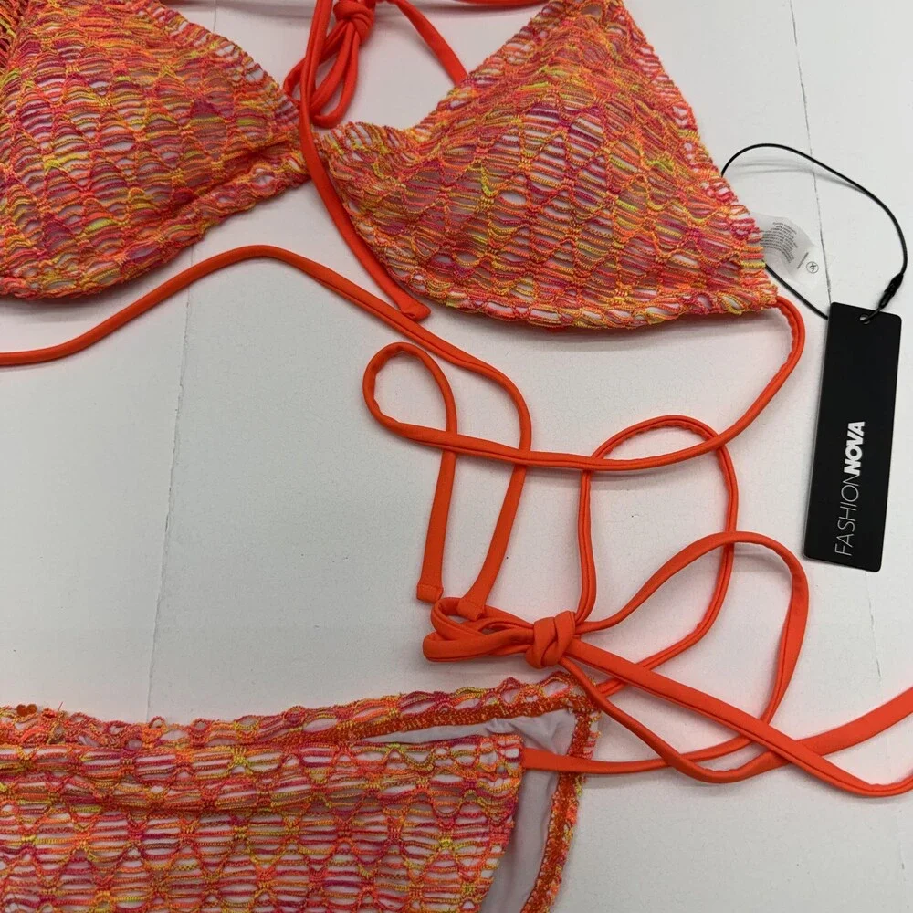 Fashion Nova Bikini Swimsuit Set Womens XL Orange Crochet 3 Piece Lined Stretch